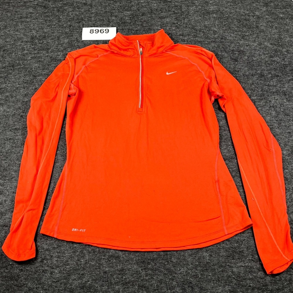 Nike‎ Shirt Womens Medium Orange Nylon Stretch Swoosh Logo Mock Neck Athletic